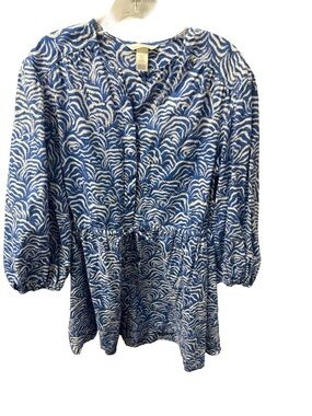H & M Women's XS Blue and White Geometric Print Linen Blend Dresx Cottagecore